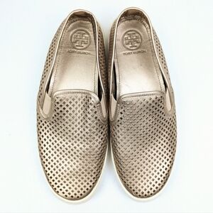 Tory Burch Jesse Sneakers Leather Metallic Gold Perforated Slip On Sporty 9.5